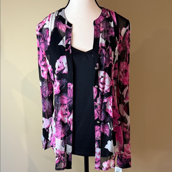 INC International Concepts Blouse & Camisole Floral Sheer Pink Black Women's SzL - Picture 1 of 15